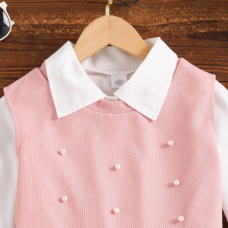 Girls' Outfit Children's Clothing Autumn New Style Turn-Down Collar Solid Color Long Sleeve Dress Beaded Vest