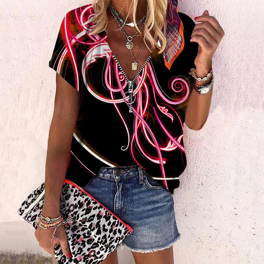 Women's Top Summer New Fashion Rose Flower Blue Light Printed Casual Zipper V-neck Short Sleeve Top