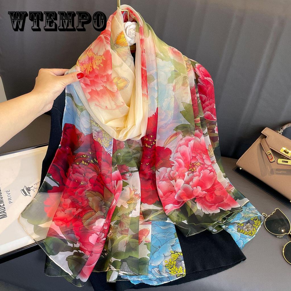 Eșarfă Mare cu Imprimeu Floral din Mătase Imitată Stil Chinezesc Vintage Roșu Verde Color Block Rezistentă la Vânt Respirabilă Înfășurătoare de Cap Șal pentru Femei