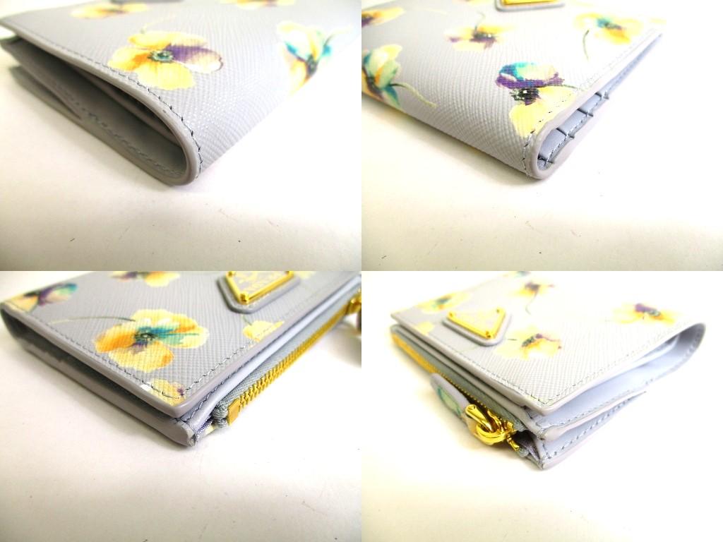 Authentic PRADA Light Blue Leather Flower Motif Bifold Wallet Compact Wallet #b268  Open box