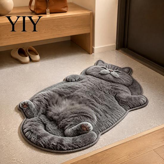 Easy to Clean Bedroom Rug Cozy Cat Shaped Floor Rug, Plush Cartoon Area Mat, Soft Whimsical Pet Themed Cover Crystal Velvet Decorative for Bedside And