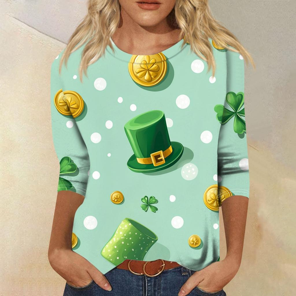 3/4 Sleeve Top Women's T-shirt Casual St. Patrick's Day Printed Top T-shirt Crew-neck Jumper