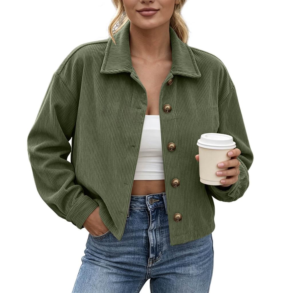 Women's Corduroy Jacket, Stylish Loose Fit Cropped Design with Collar, Versatile Everyday Wear