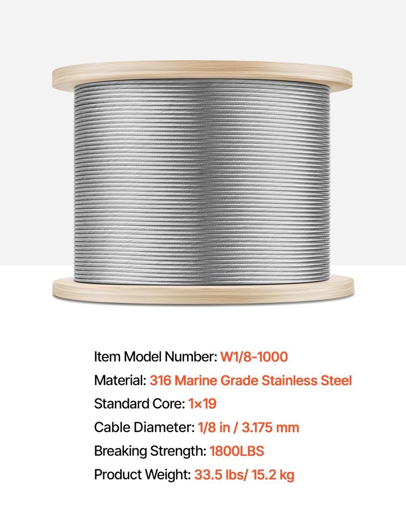 3.2 Mm Wire Rope, 304.8 M Length, 316 Stainless Steel Wire Cable with Cutter, 798 Kg Breaking Strength, 1 X 19 Strands Construction, Steel Cable for