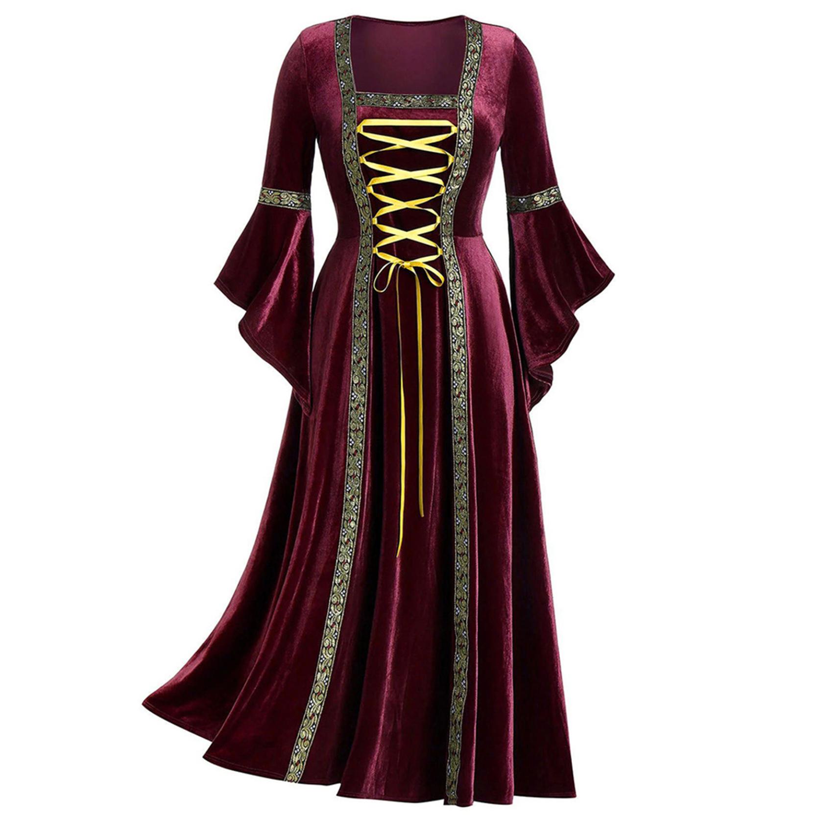 

Womens Renaissance Medieval Gown Retro Celtic Long-Sleeved Medieval Dress Floor Length Renaissance Gothic Cosplay Halloween Costumes XXL бордовий