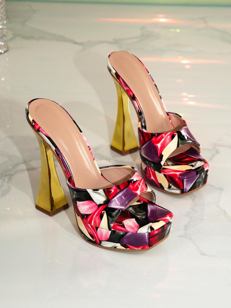 Multicolor Patent Leather Square Toe Waterproof Platform High Heel Sandals for Evening & Fashion Shows