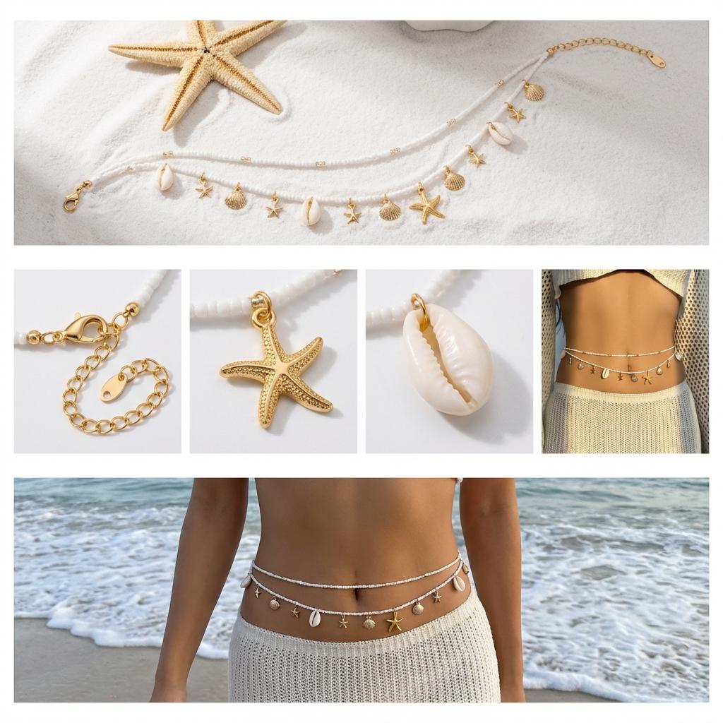 Boho Sexy Fashion Layered Tassel Starfish Waist Belly Chain For Womem Beach Sea Conch Shell Pearl Belt Chains Bikini Jewelry