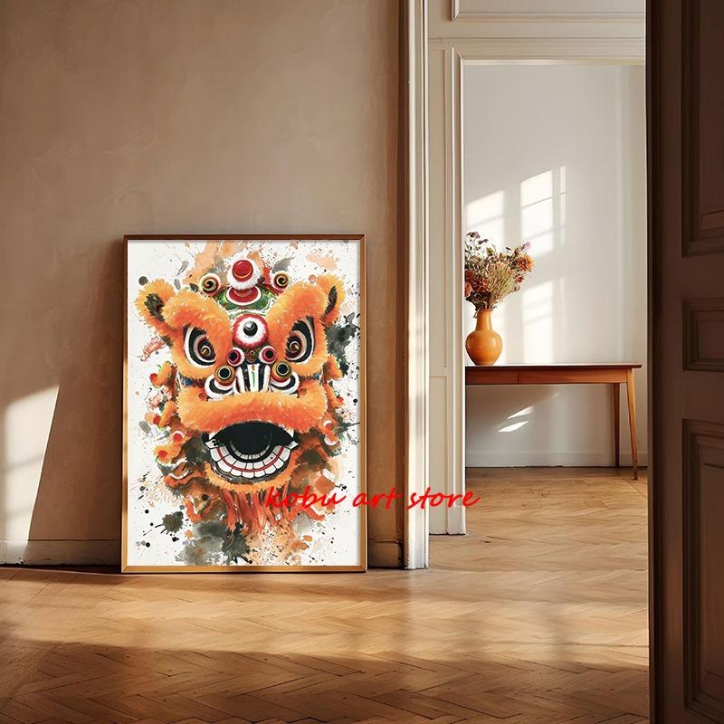 Traditional Chinese Lion Dance Posters Ink Wash Style Lion Poster and Print Canvas Painting Wall Art Picture for Room Home Decor