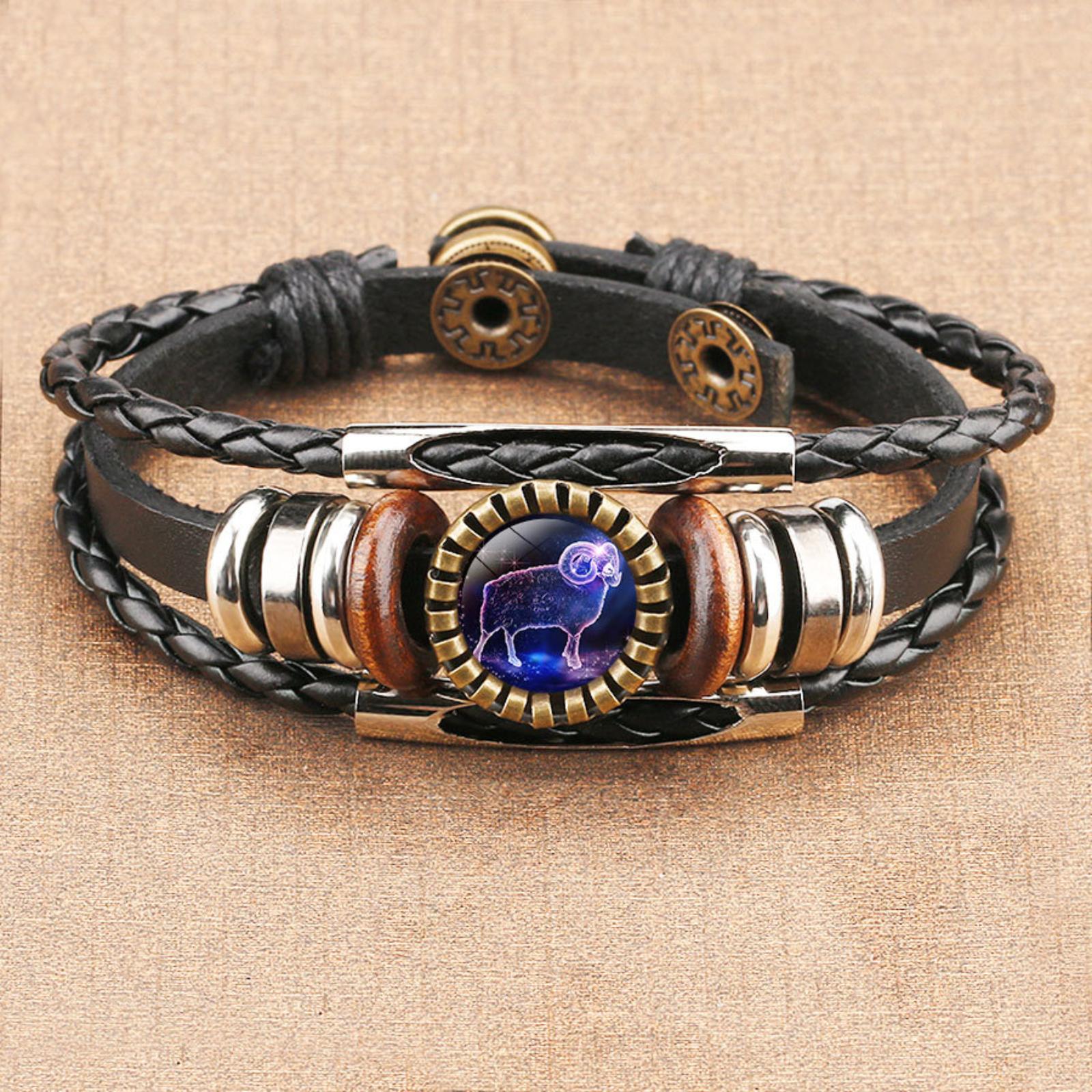 Retro Braided Leather Cord Bracelet with Luminous Zodiac Gemstone Adjustable Wristband for Men and Women Aries Design One Size
