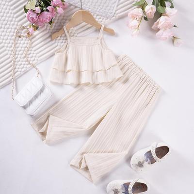 Mädchen Einfarbiges Tanktop-Set mit Rüschenkanten & Gerader Hose - 2025 Sommer Lässig Wellenstreifen Stil