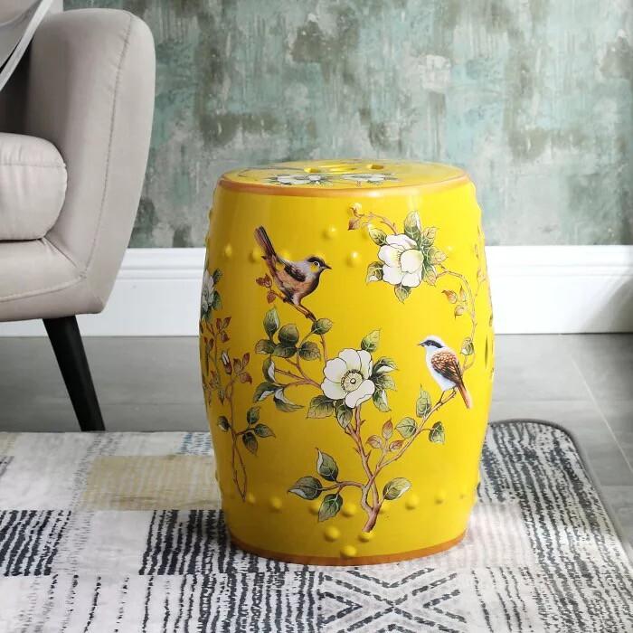 New Chinese Style Ceramic Drum Stool, Floral Bird Design Ottoman for Entryway&Living Room, Decorative Shoe Bench and Home Decor