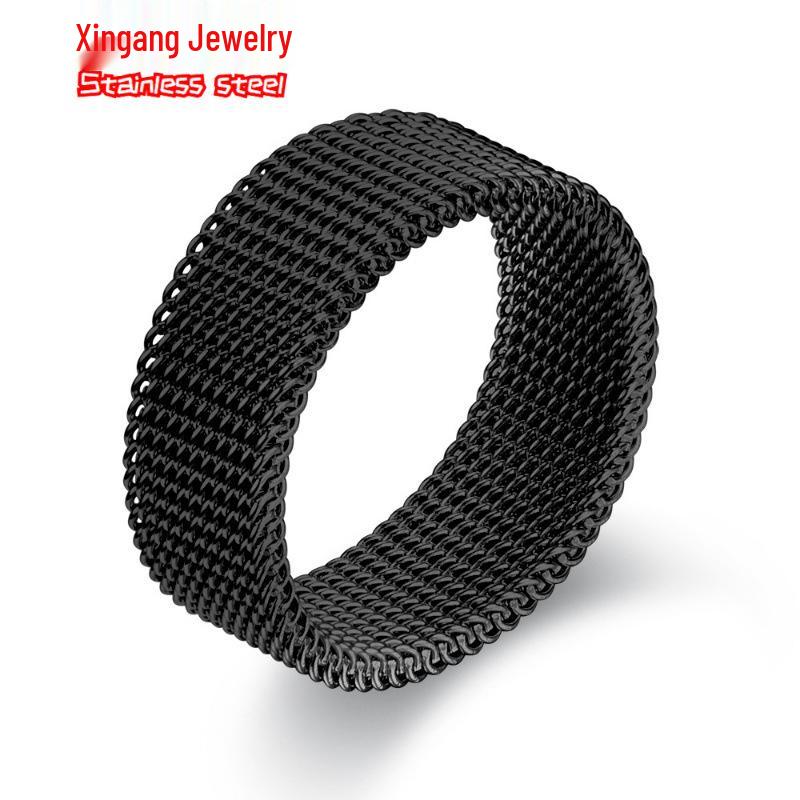 Triple-Tone Titanium Steel Men's Fashion Ring, 8mm Stainless Mesh, Fade-Resistant Business Style