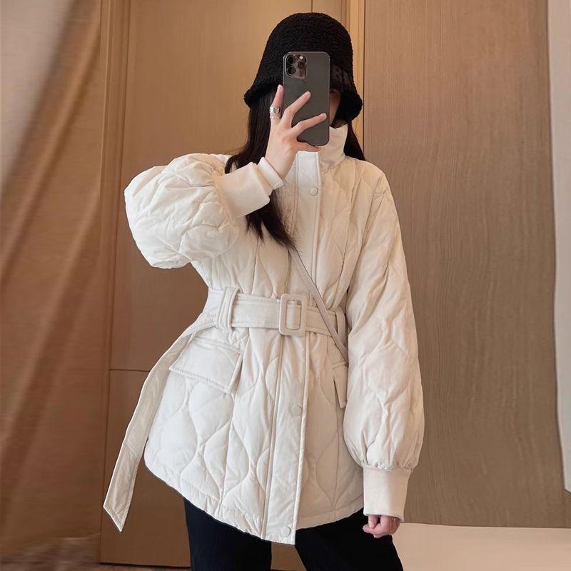 Winter Warm Quilted Down Cotton Coat Women Thickened Slim Fit Waist Belted Fashion Jacket