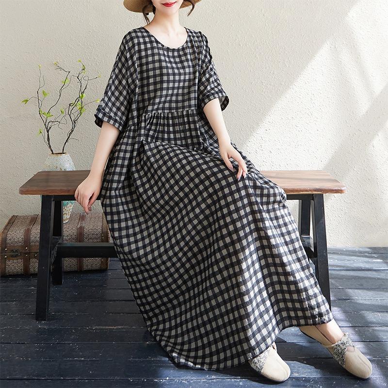 Real Summer New Thin Cotton and Linen Short-sleeved Plaid Simple Bohemian Medium and Long Foreign Trade Dress Women