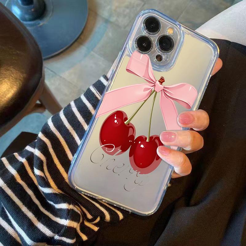 Lovely Bow-Tie Cherry Phone Case for iPhone 17 Air 16 15 14 13 12 11 Pro Max Plus Mini X 8 7 Transparent Cover Fundas Accessory