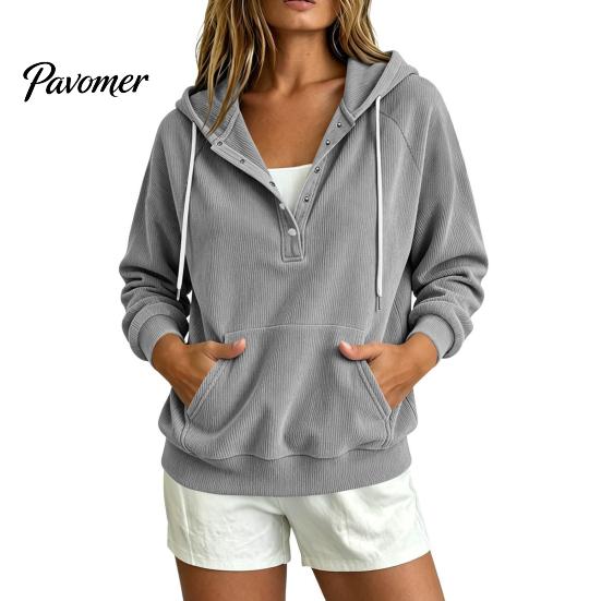 Women Pullover Sweatshirt Autumn Corduroy Hoodie with Kangaroo Pocket, Solid Color Long Sleeves Sweatshirt, Button Collar Drawstring Casual Hooded Top S