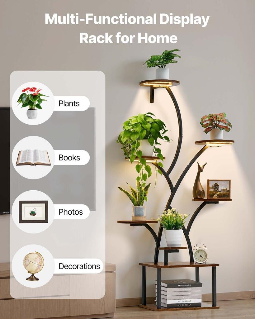 Plant Stand Indoor with Grow Lights, 157.5cm Tall 8-Tier Lighted Plant Shelf, Metal Corner Plants Holder, 3 Timer & 10 Brightness, Tree-Shaped Flower