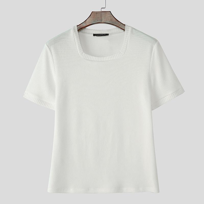 

INCERUN Летние мужские футболки с квадратным вырезом, коротким рукавом, в рубчик, повседневные, приталенные, топы 3XL белый