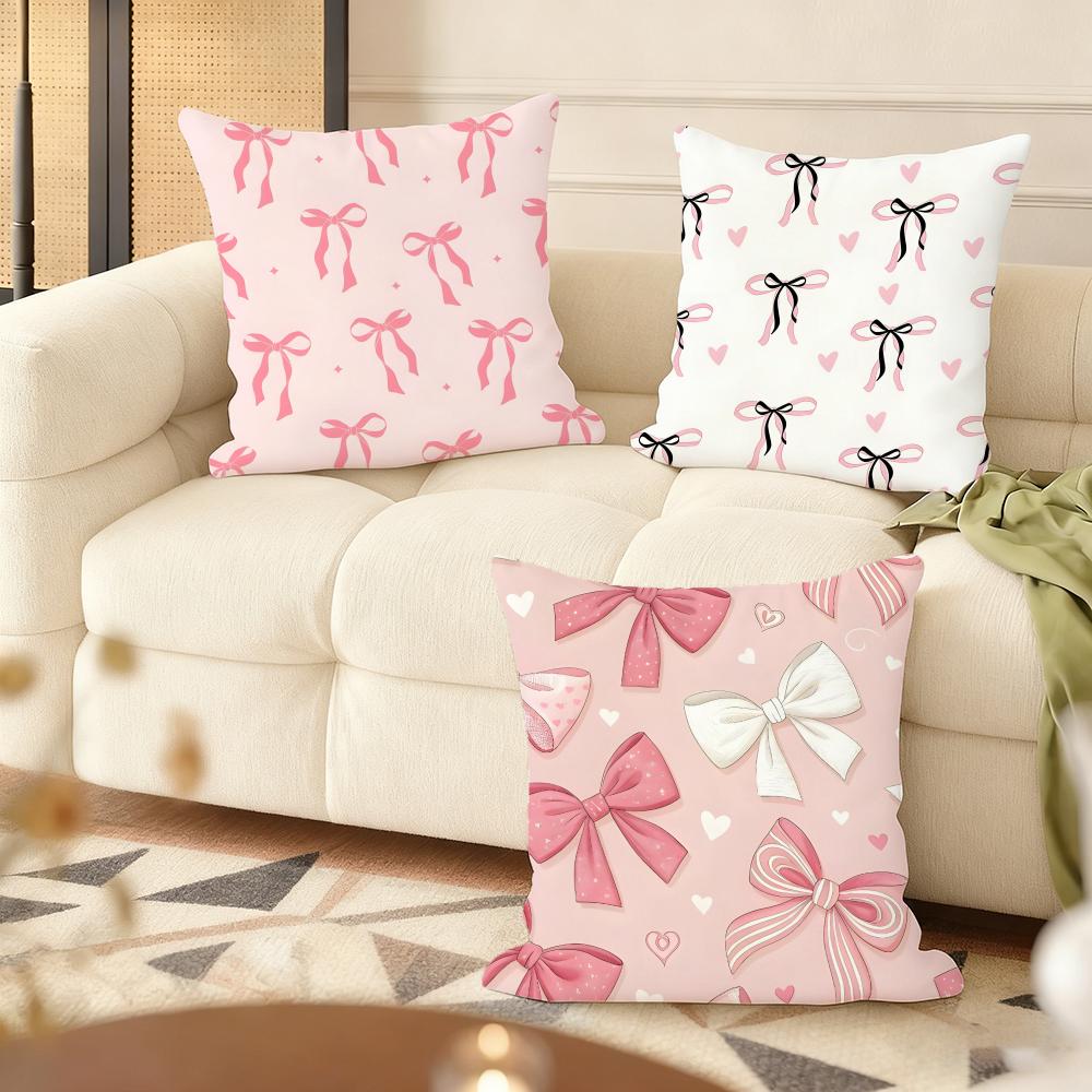 Pink Bow Cushion Cover Natural Linen Organic Fabric DoubleSided Printing Couch Pillow Covers Home Decor