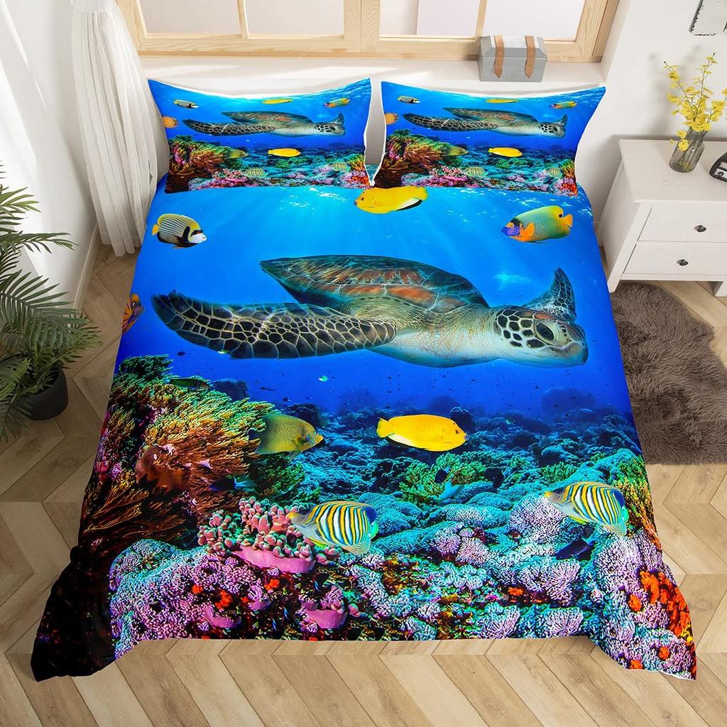 Sea Turtle Duvet Cover Set King Size Watercolor Tortoise Butterfly Comforter Cover for Boys Girly Dreaming Style Bedding Set