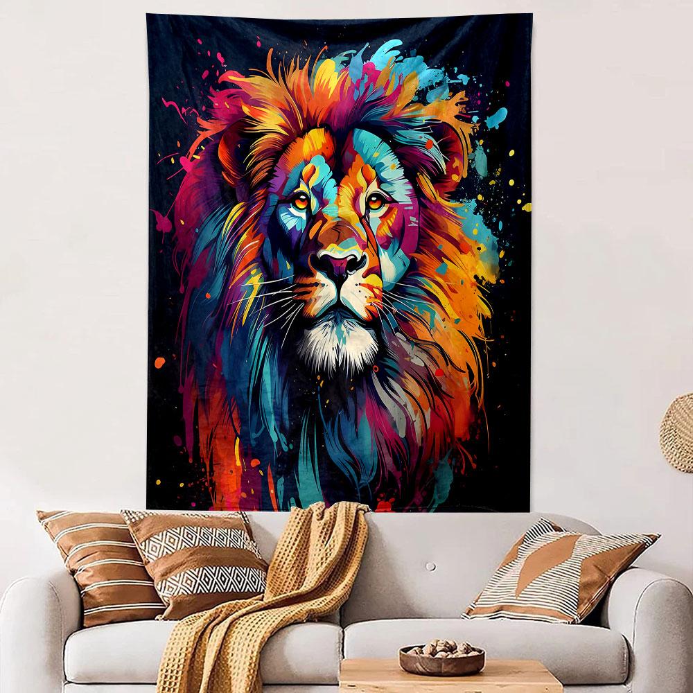 Colorful Abstract Lion Portrait Patterned Tapestry Decorative Wall Hanging, Home Bedroom Living Room Decor