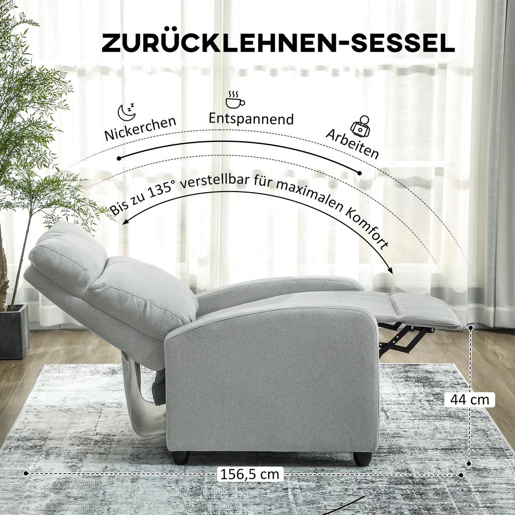 Recliner Chair, Adjustable 135 degrees, Extendable Footrest, Padded Armrests, Linen-Polyester, Light Grey