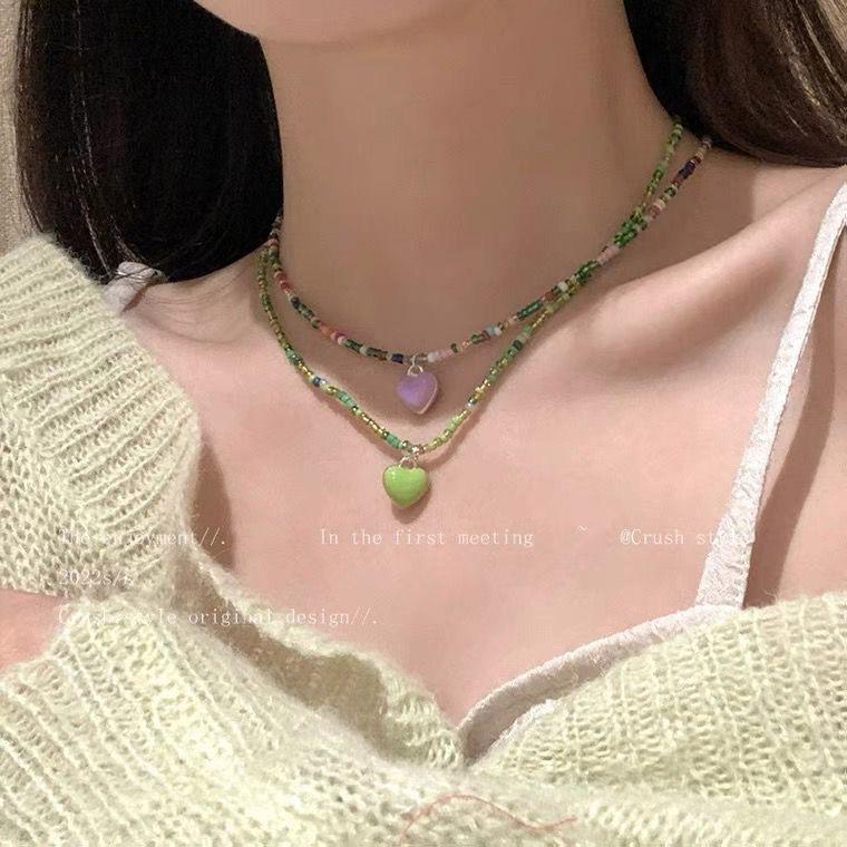 Multi-color ~ candy color beaded love necklace cute girl collarbone chain summer new necklace