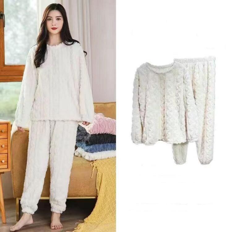 Warm Velvet Ribbed Fleece Pajama Set 2 Piece Women Autumn Pullover And Pants Casual Thicken Lounge Wear