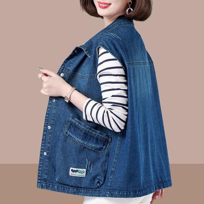 Big Pocket Fashion Western Style Denim Vest Women's Spring and Autumn Korean Version of The Large Size Loose and Thin Waistcoat Vest Jacket