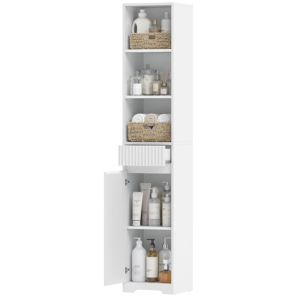 Tall Bathroom Cabinet, Door, Drawer, Open Compartments, Adjustable Shelf, White