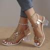 Women's Flower Rhinestone Block Heel Sandals, Fashion Square Open Toe Elastic Strap Slip On High Heels, Versatile Sandals