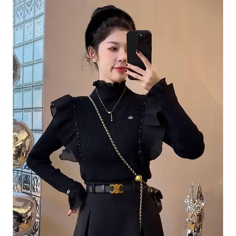 Women's Spring 2025 Korean Style Ruffle Sweater & High-Waisted Midi Skirt Two-Piece Set