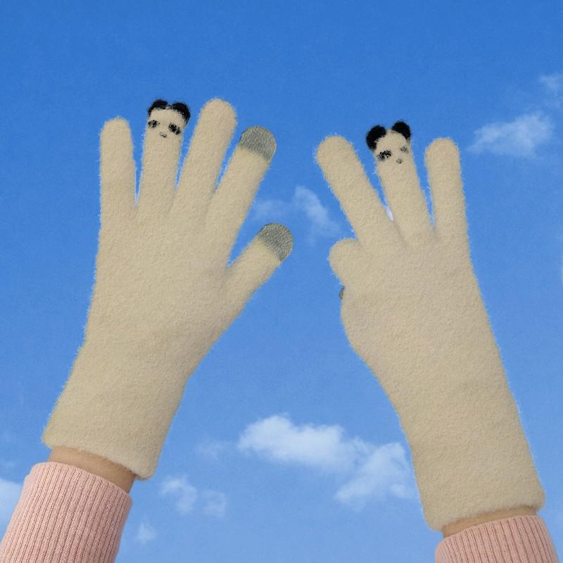 Gloves female autumn and winter fingers cute cold-proof warm knitted velvet cycling gloves five fingers