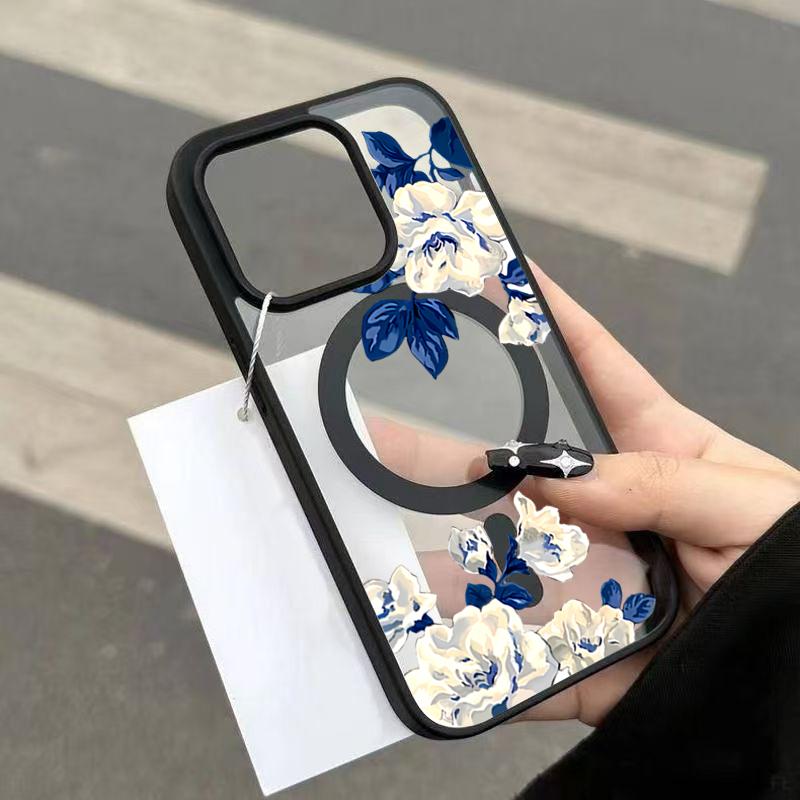 For iPhone 17 16 15 14 13 12 Pro Max 15 16 Plus 17 Air 11 Night White Rose Pattern Macaron Magnetic Tramsparent Phone Case Cover