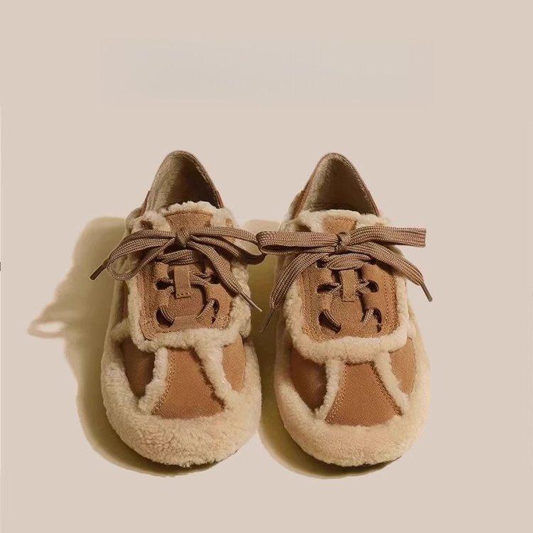 

[Мода на жареную курицу] Повседневная обувь, женские зимние хлопковые ботинки из овечьей шерсти на шнуровке, универсальные, комбинированные, бархатные туфли-бобы 40 верблюд