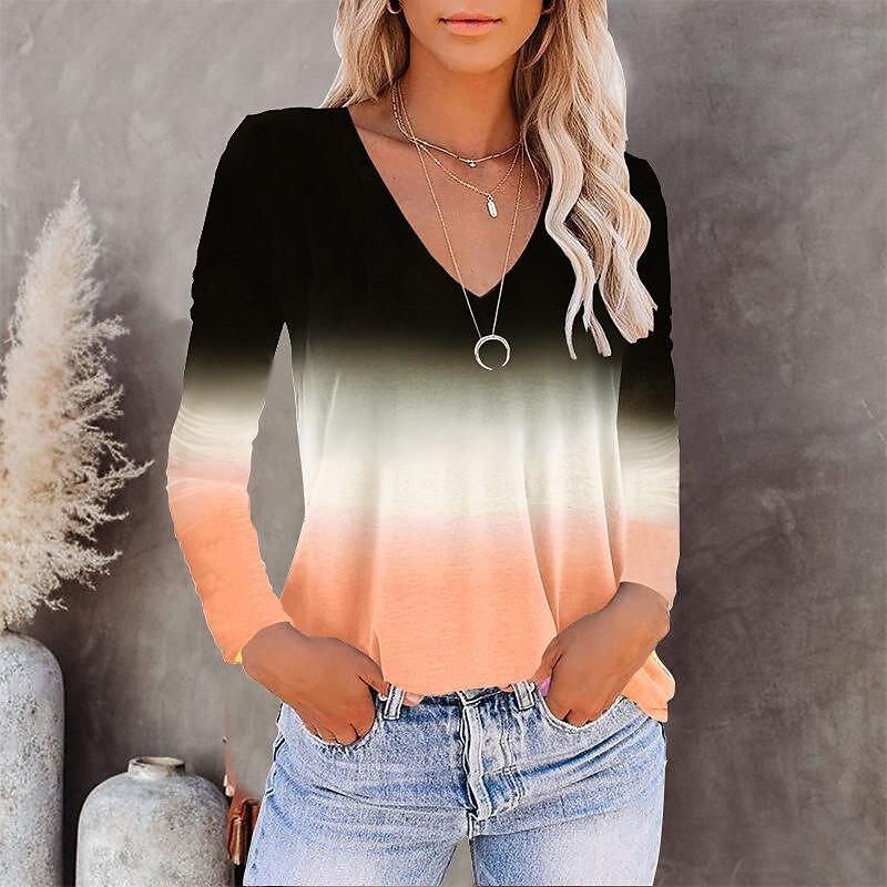 

Spring and Autumn V-neck 3D Gradient Printed Top Fashionable Casual Long Sleeved Women s T-shirts S