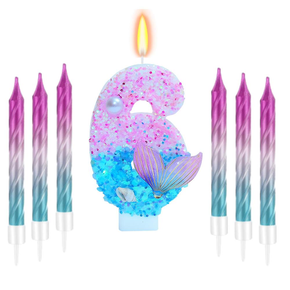 11pcs Mermaid Themed Birthday Candles,Number 0-9 Girls Glitter Birthday Party Supplies,Anniversary Party Decor, Cake Decorations