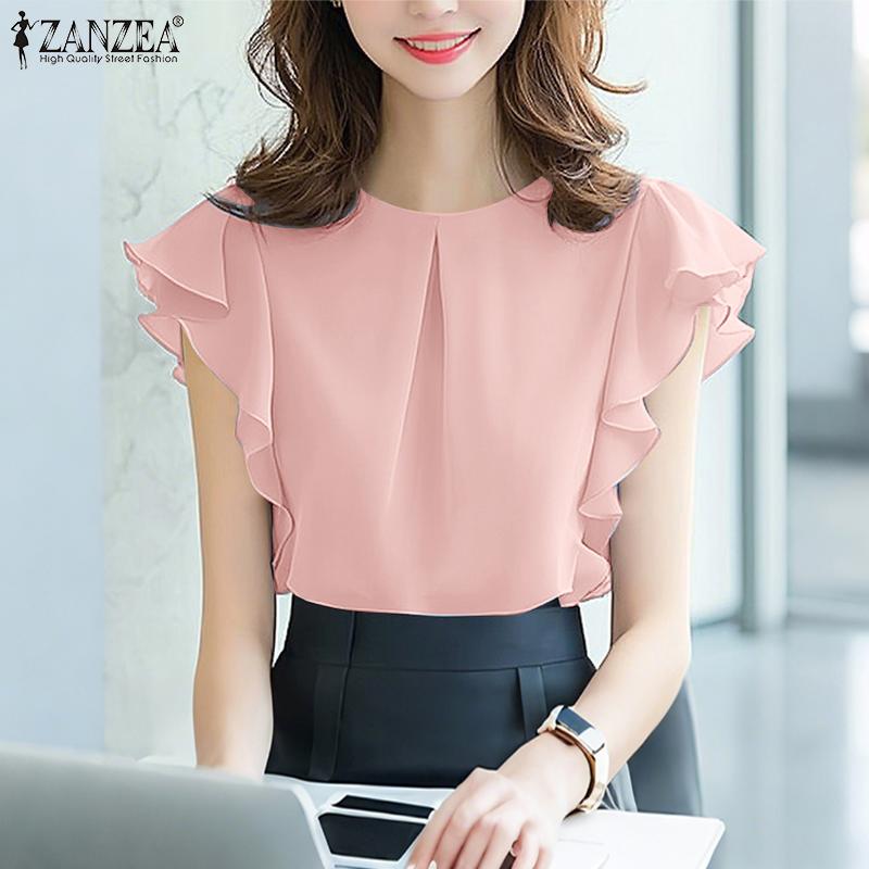 ZANZEA Women Casual Round Neck Ruffles Short Sleeve Loose Blouse