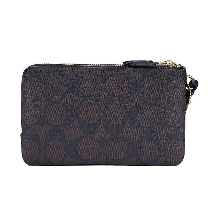 Coach Brown Signature Canvas Zip Wristlet with Wrist Strap & Gold Hardware for Daily Use