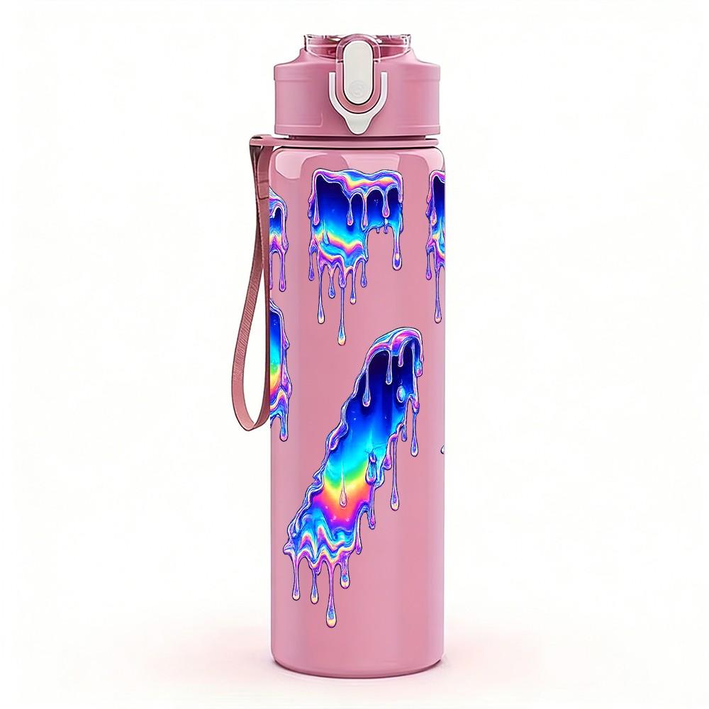 1PC Rainbow Glitch Number Six Seven 750ml Color Plastic Sports Water Bottle Leakproof Flip Straw Lid Suitable for Sports Office Home Use