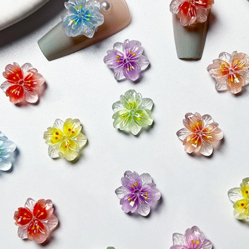 50Pcs 3D Flowers Butterfly For Nails Charms Gradient Ice Translucent Flower Nail Charms Luminous Decoration For Nails Design