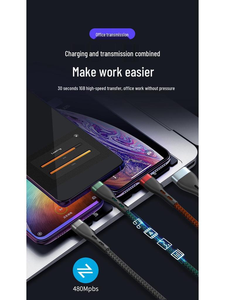 3-in-1 66W Fast Charging Cable for Apple/Android, 6A Aluminum Alloy Braided.