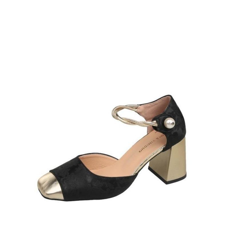 Modeabsätze Frauen Sandalen Frau Leder Mary Jane Sommerabsätze Quadratische Zehenpartie Anzug Weiblich Flacher Ausschnitt Niedrigabsatz Retro 2025 Mädchen