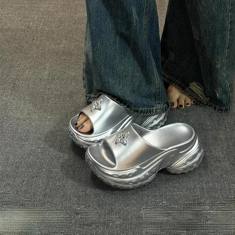 Silver Thi Heel Slippers Women's High Heel Outdoor Wear-Resistant Anti-Slip Odor-Proof Summer Outdoor Slippers