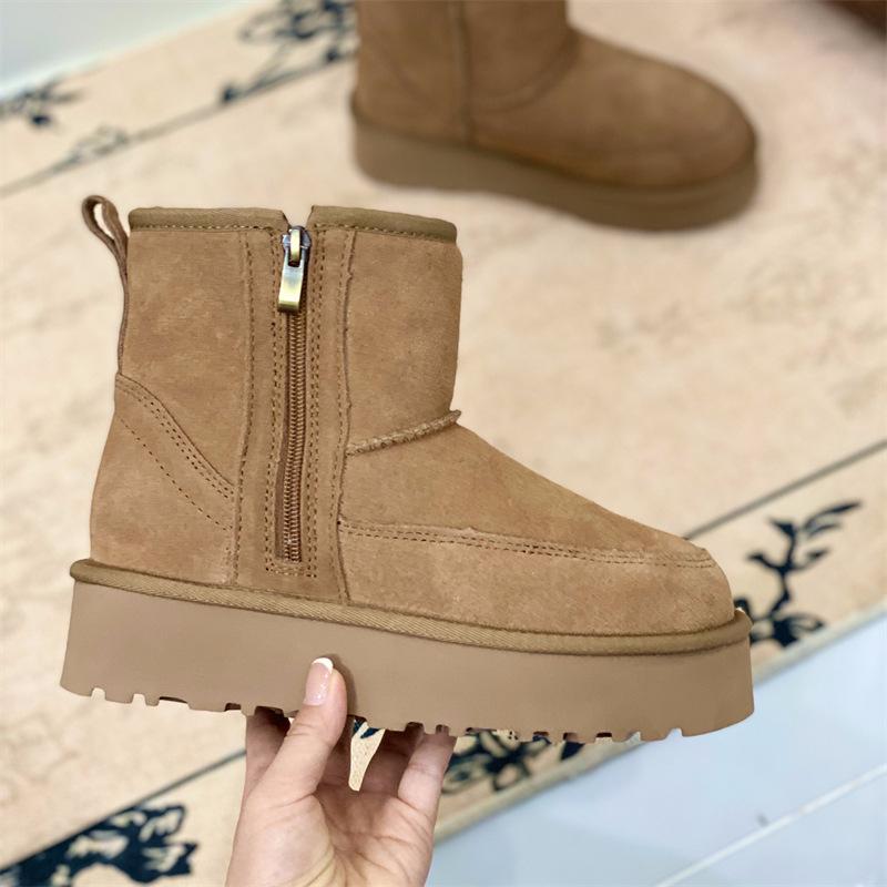 Sangpo Snow Boots Thick-soled Winter New Sheepskin Fur Integrated Side Zipper Short Tube Leather Wool Thermal Cotton Shoes Women