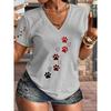 V-neck Printed T-shirt Cute Paw Print and Love Embellishment Casual Fashion Design, New In Summer