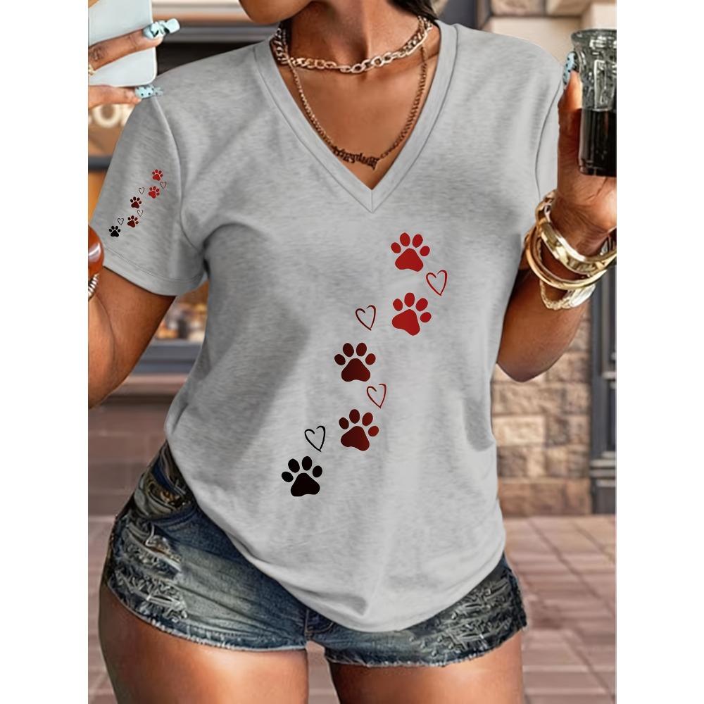 V-neck Printed T-shirt Cute Paw Print and Love Embellishment Casual Fashion Design, New In Summer