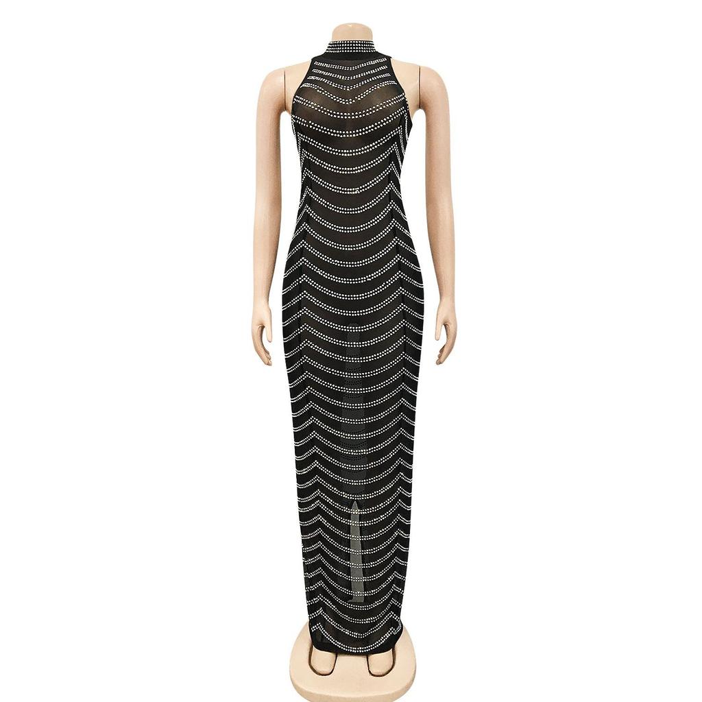 European Fashion Sexy Rhinestone Backless Nightclub Party Dress - See-through Long Dress for Women