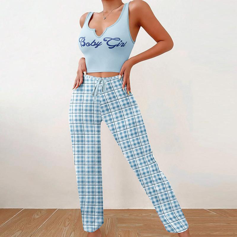 Sommer Damen 2-teiliges Homewear Pyjama Set Weste Color Block Karomuster Hose Oberteil mit Buchstabenprint Damen Pyjamas Homewear Freizeit Set