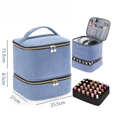 Double Layer Corduroy 30 Grid Nail Polish Bag Large Capacity Makeup Organizer, Portable Travel Cosmetic Case Polyester